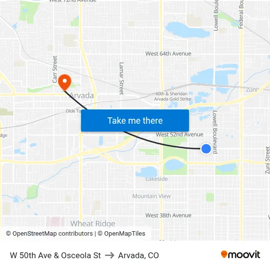 W 50th Ave & Osceola St to Arvada, CO map