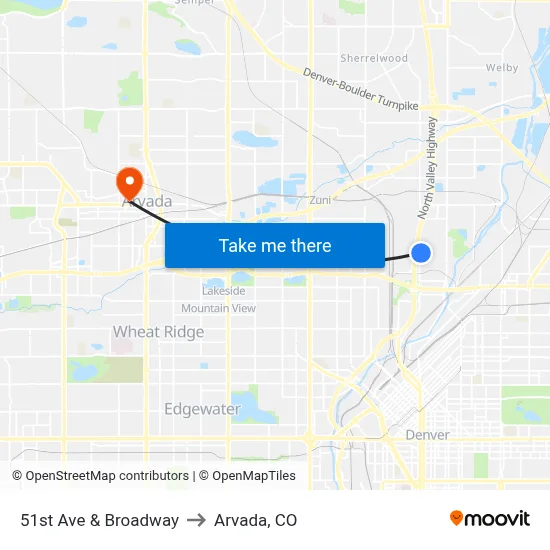 51st Ave & Broadway to Arvada, CO map