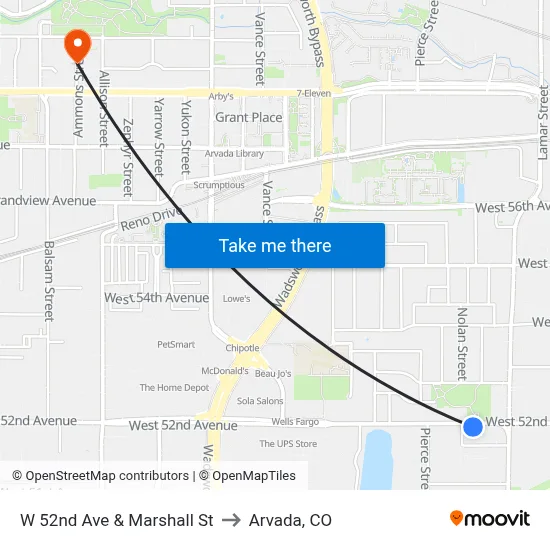 W 52nd Ave & Marshall St to Arvada, CO map