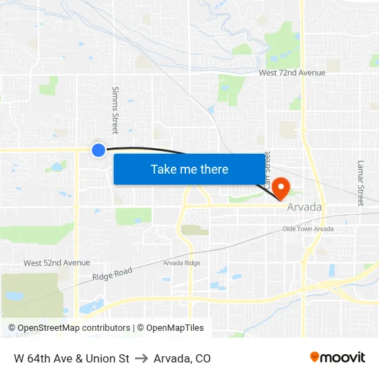 W 64th Ave & Union St to Arvada, CO map