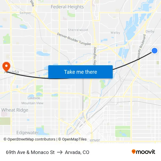 69th Ave & Monaco St to Arvada, CO map