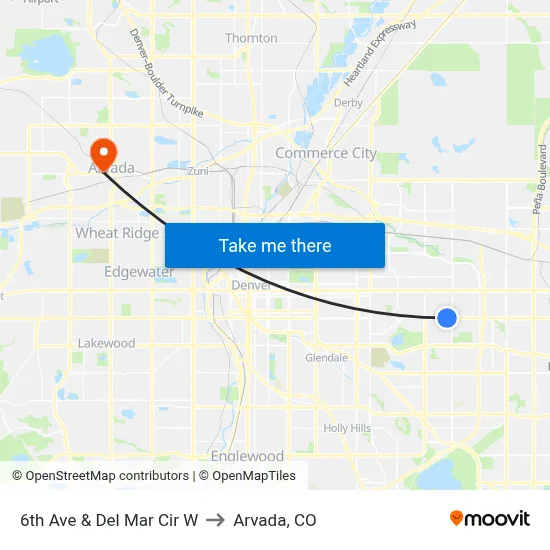6th Ave & Del Mar Cir W to Arvada, CO map
