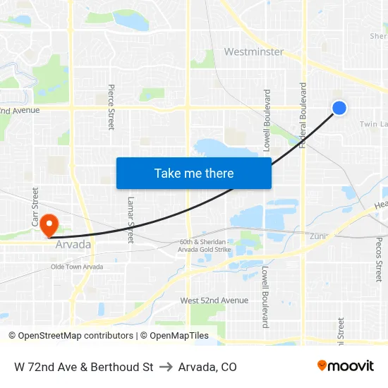 W 72nd Ave & Berthoud St to Arvada, CO map