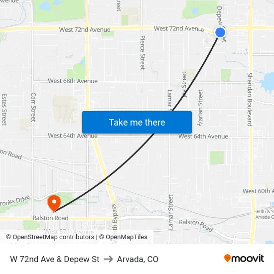 W 72nd Ave & Depew St to Arvada, CO map