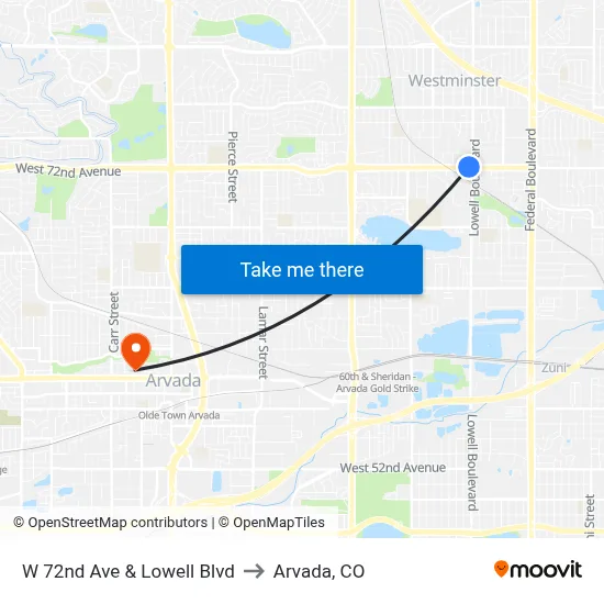W 72nd Ave & Lowell Blvd to Arvada, CO map