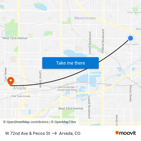 W 72nd Ave & Pecos St to Arvada, CO map