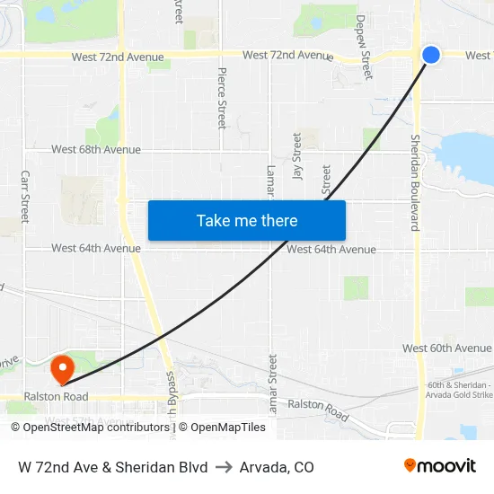 W 72nd Ave & Sheridan Blvd to Arvada, CO map