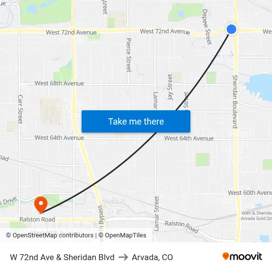W 72nd Ave & Sheridan Blvd to Arvada, CO map