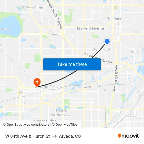 W 84th Ave & Huron St to Arvada, CO map