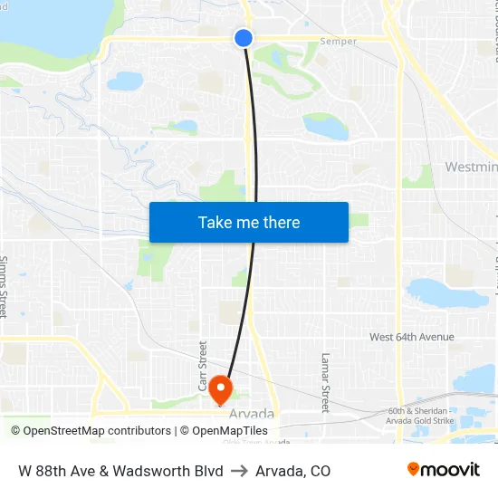 W 88th Ave & Wadsworth Blvd to Arvada, CO map