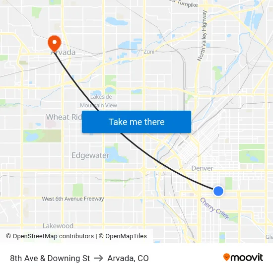 8th Ave & Downing St to Arvada, CO map