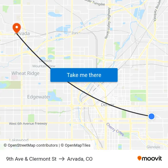 9th Ave & Clermont St to Arvada, CO map
