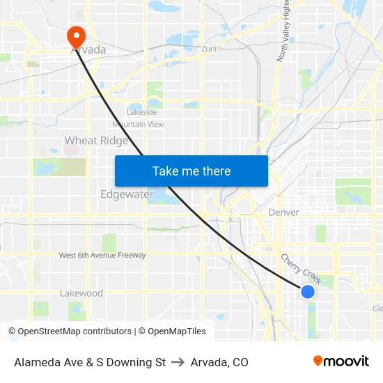 Alameda Ave & S Downing St to Arvada, CO map