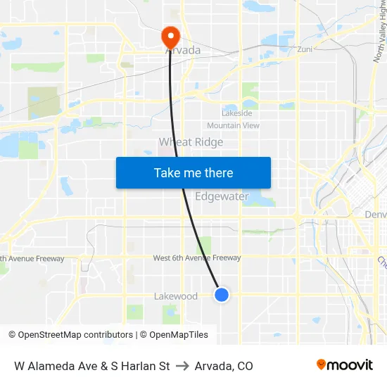 W Alameda Ave & S Harlan St to Arvada, CO map