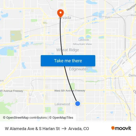 W Alameda Ave & S Harlan St to Arvada, CO map