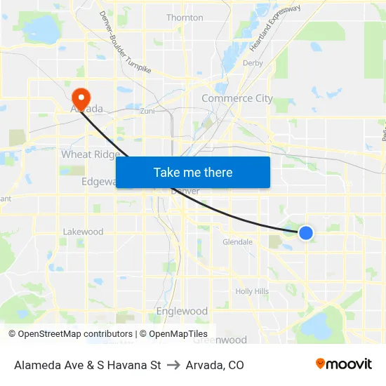 Alameda Ave & S Havana St to Arvada, CO map