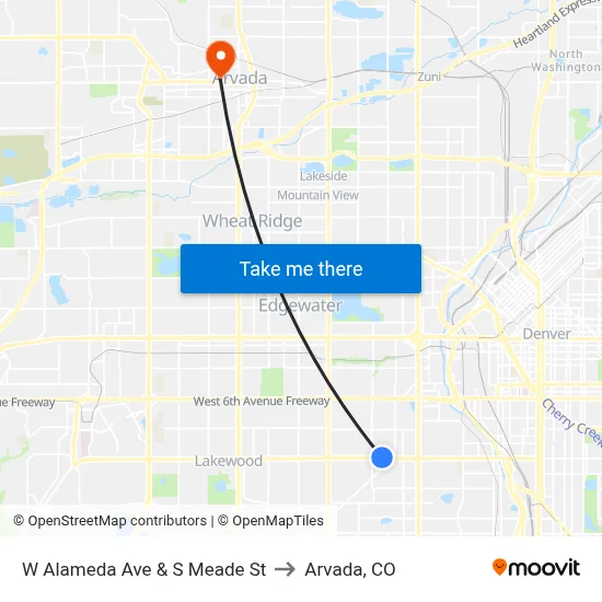 W Alameda Ave & S Meade St to Arvada, CO map