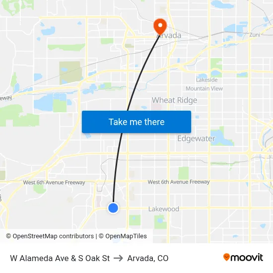 W Alameda Ave & S Oak St to Arvada, CO map