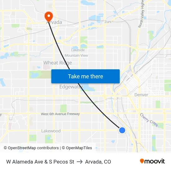 W Alameda Ave & S Pecos St to Arvada, CO map
