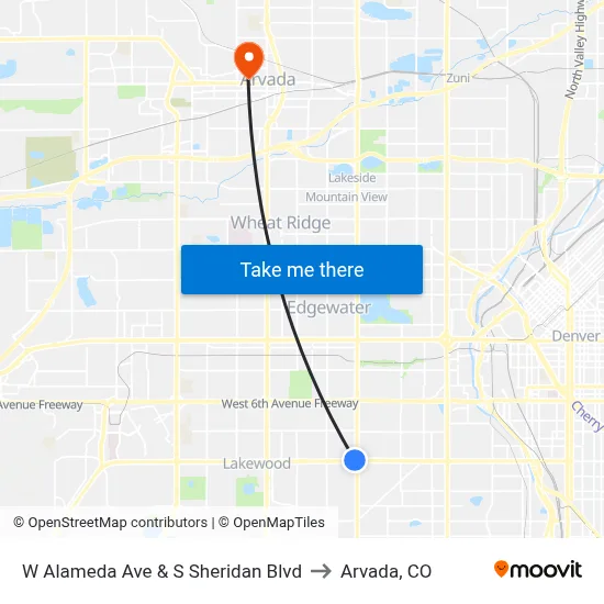W Alameda Ave & S Sheridan Blvd to Arvada, CO map