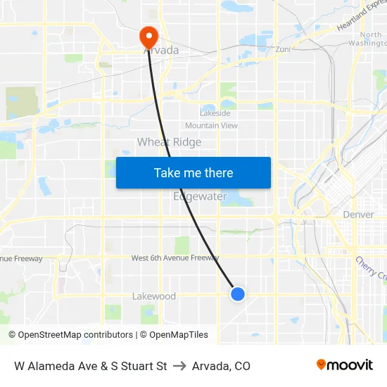 W Alameda Ave & S Stuart St to Arvada, CO map