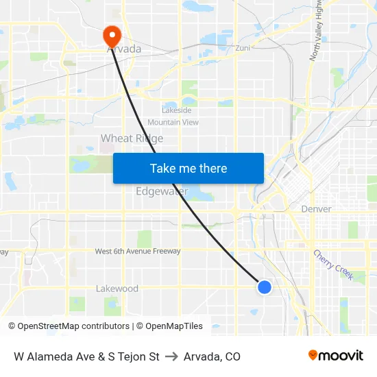 W Alameda Ave & S Tejon St to Arvada, CO map