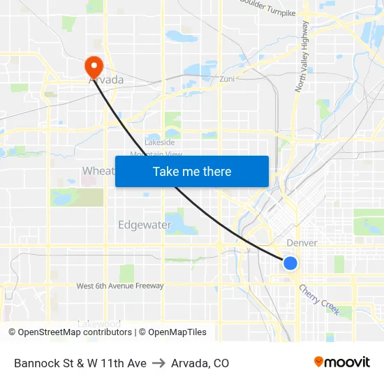 Bannock St & W 11th Ave to Arvada, CO map