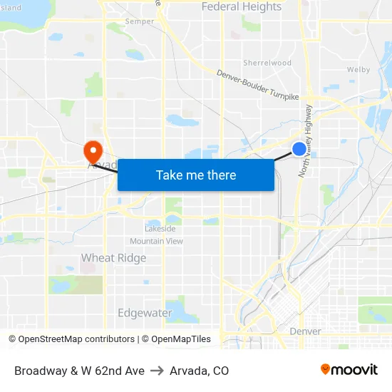 Broadway & W 62nd Ave to Arvada, CO map