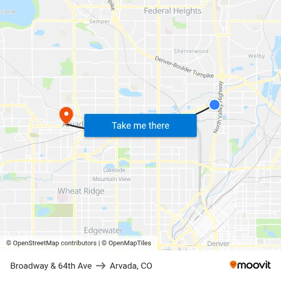 Broadway & 64th Ave to Arvada, CO map