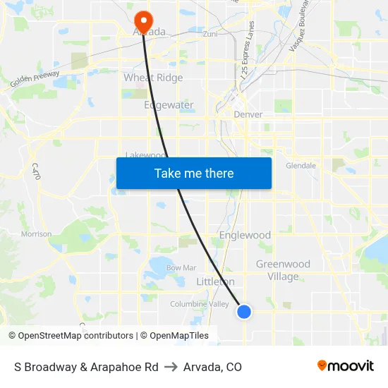 S Broadway & Arapahoe Rd to Arvada, CO map