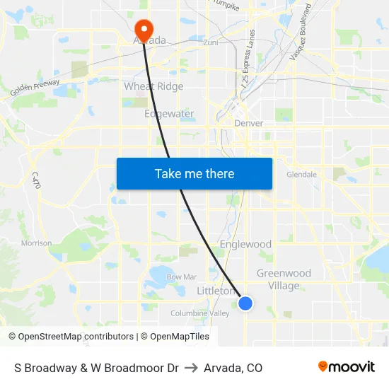 S Broadway & W Broadmoor Dr to Arvada, CO map