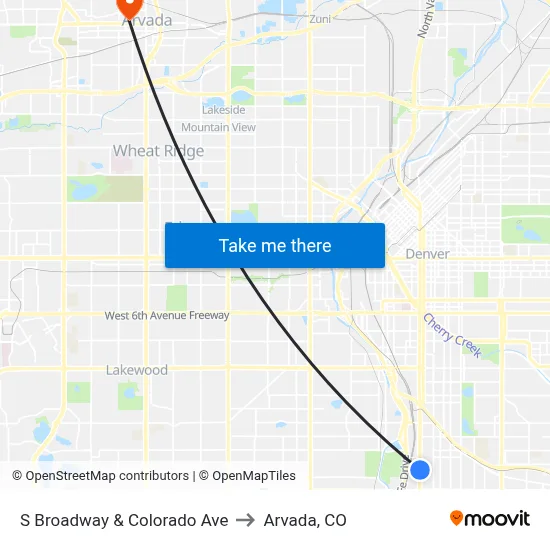 S Broadway & Colorado Ave to Arvada, CO map