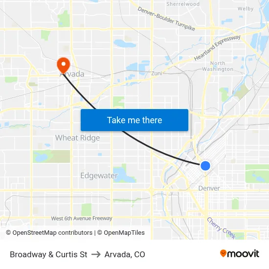 Broadway & Curtis St to Arvada, CO map