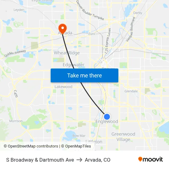S Broadway & Dartmouth Ave to Arvada, CO map