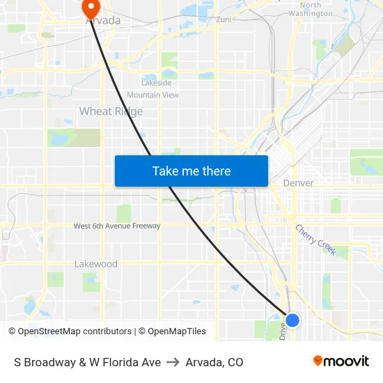 S Broadway & W Florida Ave to Arvada, CO map