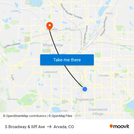 S Broadway & Iliff Ave to Arvada, CO map