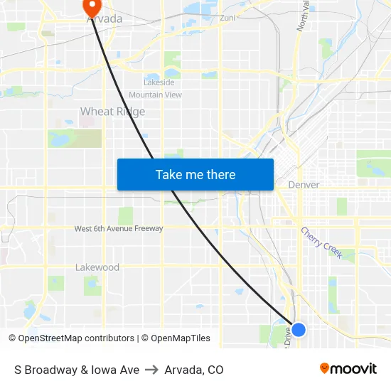 S Broadway & Iowa Ave to Arvada, CO map