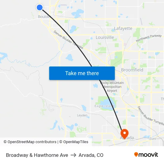 Broadway & Hawthorne Ave to Arvada, CO map