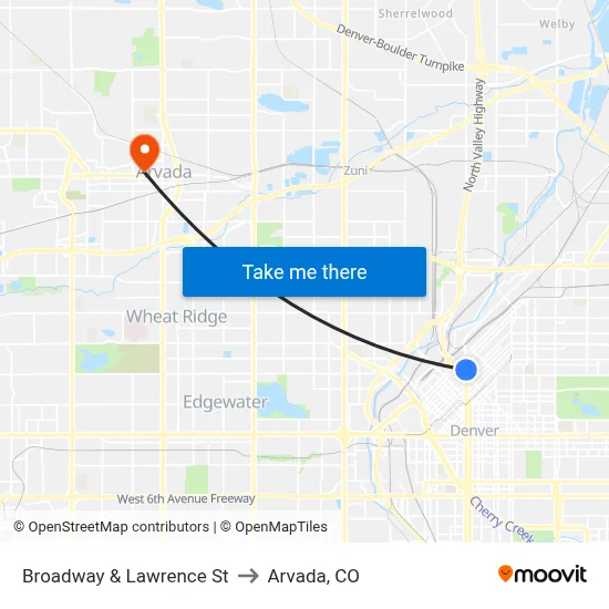 Broadway & Lawrence St to Arvada, CO map