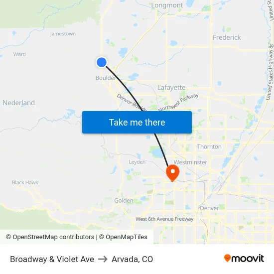 Broadway & Violet Ave to Arvada, CO map