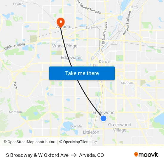S Broadway & W Oxford Ave to Arvada, CO map