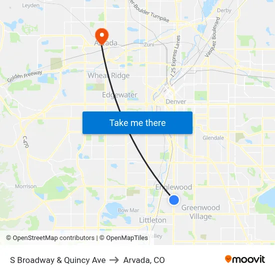 S Broadway & Quincy Ave to Arvada, CO map