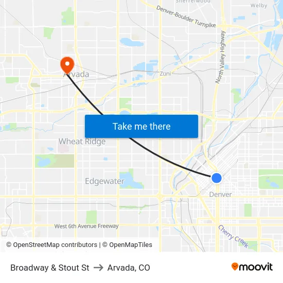 Broadway & Stout St to Arvada, CO map