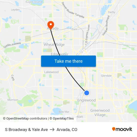 S Broadway & Yale Ave to Arvada, CO map