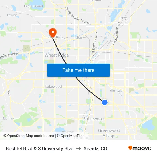 Buchtel Blvd & S University Blvd to Arvada, CO map