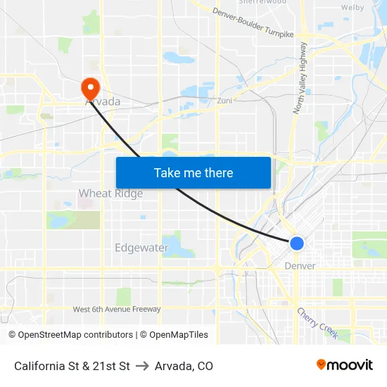 California St & 21st St to Arvada, CO map