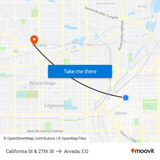 California St & 27th St to Arvada, CO map