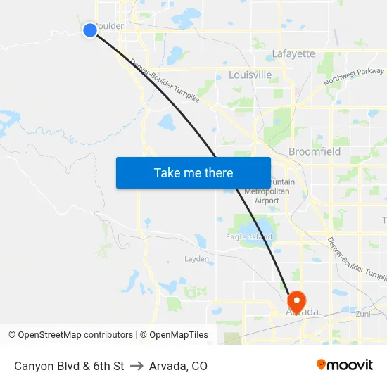 Canyon Blvd & 6th St to Arvada, CO map