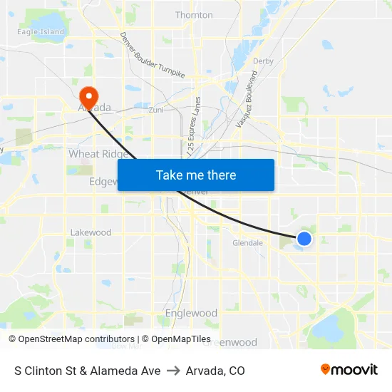S Clinton St & Alameda Ave to Arvada, CO map