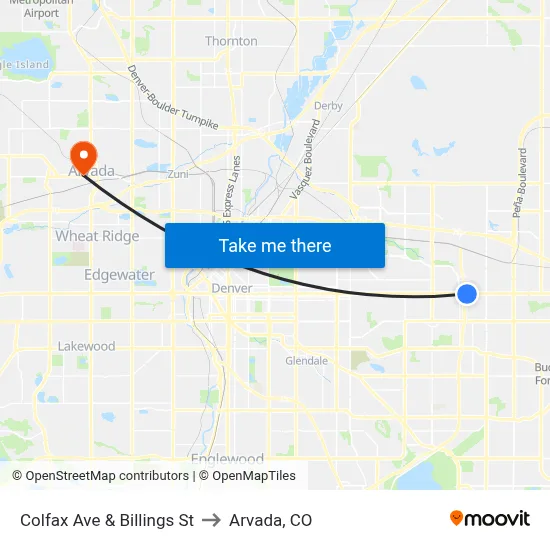 Colfax Ave & Billings St to Arvada, CO map